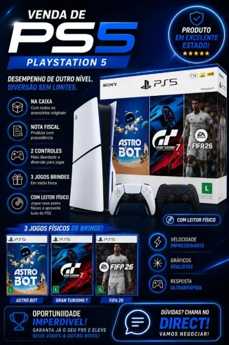 PS5 COM LEITOR FÍSICO + 2 CONTROLES!