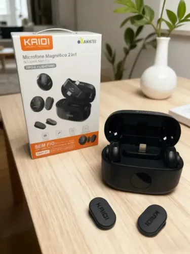 [Novo] Microfone Lapela Sem Fio Kaidi KMF1-AC Duplo Antirruído IA Imã Preto