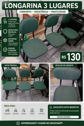 Cadeira Longarina 3 Lugares Estofada Verde - Estrutura de Aço