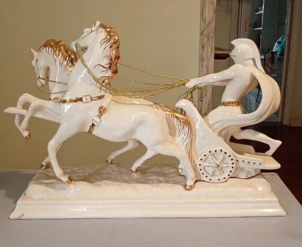 Escultura Italiana Quadriga Romana em Cerâmica Esmaltada