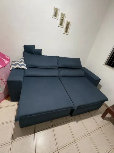 Sofá retrátil azul 4 lugares 