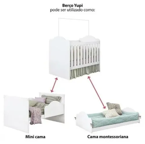 Berço e Mini Cama com Colchão- Estrela Em Madeira Branco Acetinado