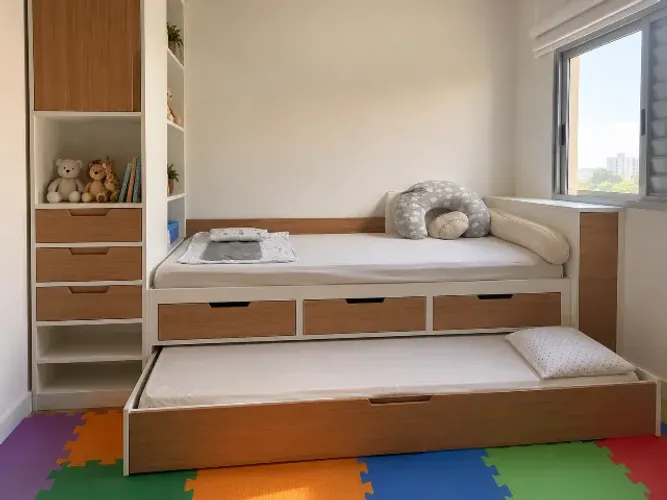 MÓVEL PLANEJADO COMPLETO COM DUAS CAMAS, GAVETAS E NICHOS + COLCHÕES SOLTEIRÃO ORTOPÉDICO