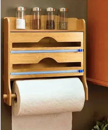 Organizador Multiuso de Bambu Dispenser 4 em 1 Porta Rolos Duplo Papel Plástico Filme