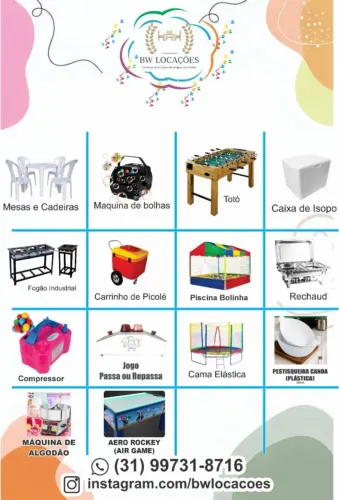 Aluguel de brinquedos, mesas/cadeiras, itens para festas detre outros.
