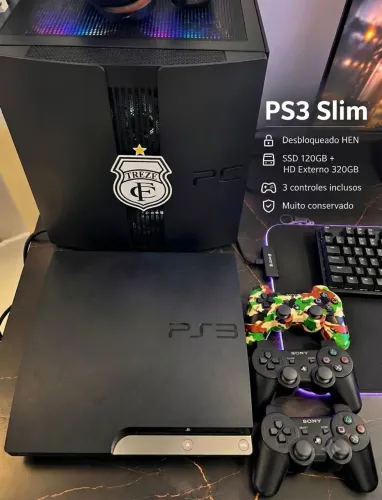 PS3 Slim Desbloqueado HEN / Controles / SSD + HD Externo. Bem conservado!