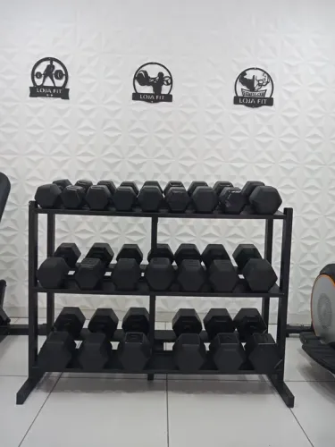 Kit Dumbell Sextavado Texturizado 12kg a 30kg + Suporte