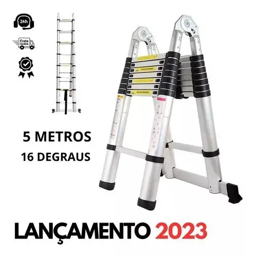 Escada Telescópica 5 Metros 16 Degraus Reta e em V