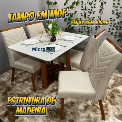 Mesa de Jantar de Madeira 4 Cadeiras Lemúria  4x de 489,00 - 12 Meses de Garantia