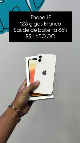 iPhone 12 / 128GB Branco / Saúde de Bateria: 86% / Original / Loja física / $1.650,00