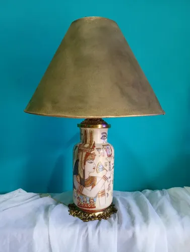 Antigo Abajur Porcelana Egípcia Detalhes Ouro Grande 74cm