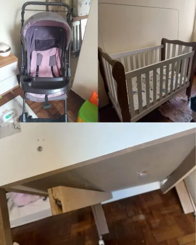 Para doação berço e carrinho de bebê usados,o berço está com um pequeno defeito