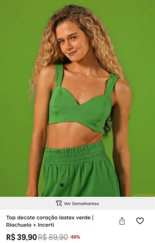 Top cropped decote coração Verde Riachuelo coleção incert 