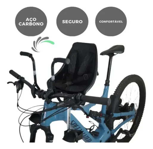 Cadeirinha Infantil Baby Cicle Preta com Banco Concha Estofado e Cinto 5 pontas p/ Guidão