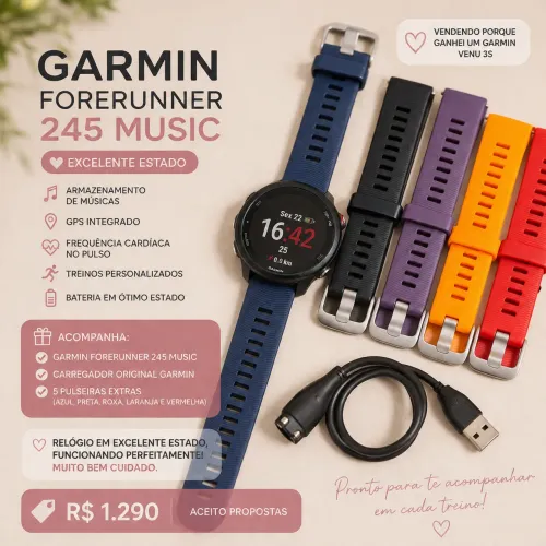 Garmin Forerunner 245 Music + 5 Pulseiras + Carregador Original