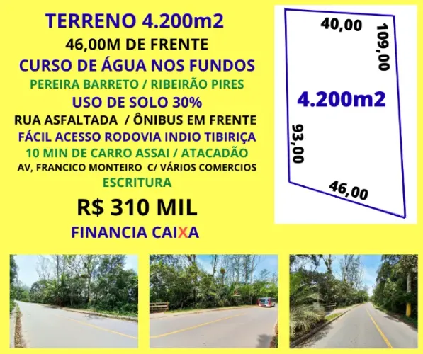 Área p/ chácara ou galpão 4.200m2 46m de frente Ribeirão Pires Financia Caixa