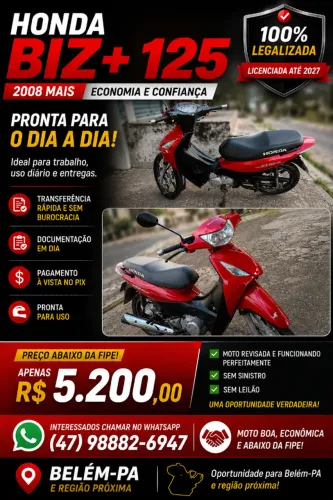 Honda Biz+ 125 2008 | Licenciada 2027 | Sem Sinistro | R$ 5.200