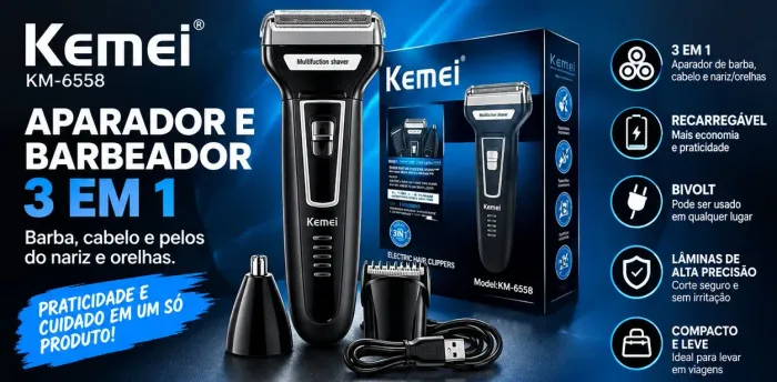 Aparador Barbeador Kemei KM-6558 3 em 1 Recarregável Bivolt