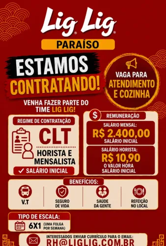 Vagas para atendimento e cozinha - Restaurante - CLT - Horista ou Mensalista.