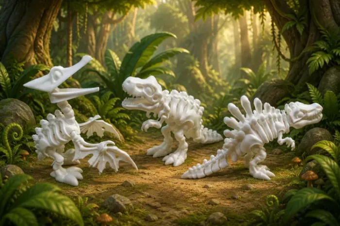 Kit 3 Dinossauros Articulados 3D Brancos ? T-Rex, Espinossauro e Pteranodonte