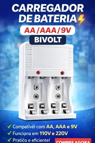 Carregador de Pilha AA/AAA/9V Rápido Bivolt