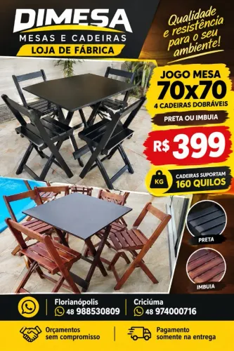 Kit mesa 70x70 com 4 cadeiras dobráveis