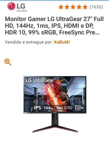 Monitor Gamer LG ultragear 27 polegadas Full HD, 144Hz, 1ms