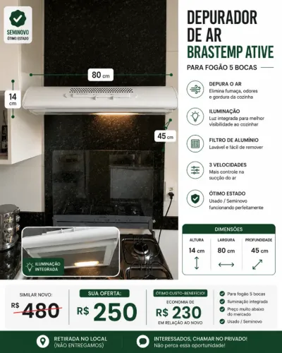 Depurador de Ar Brastemp Ative 80cm com Iluminação - Excelente Estado