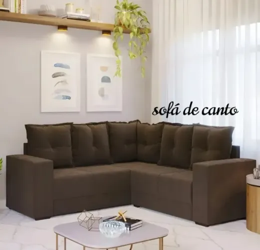 Estofado modelo de canto marrom veludo com 6 almofadas 