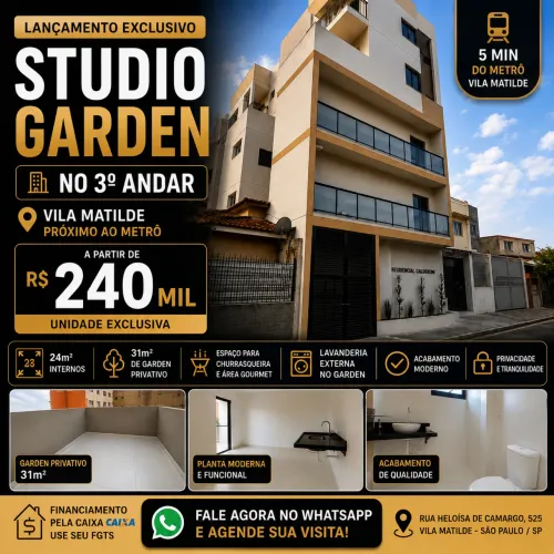 Studio Garden Novo no 3º Andar | Próx. Metrô Vila Matilde | R$240 mil