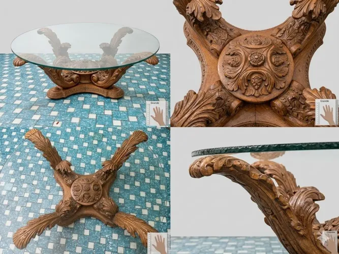 Mesa de Centro Luxo - Trabalhada em Madeira maciça, Vidro Temperado