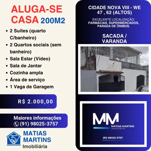 ALUGA-SE CASA Cidade Nova 8, WE47