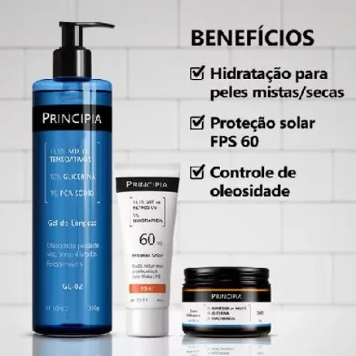 Kit completo Pelé sensíveis Gel de limpeza, creme hidratante e protetor solar.