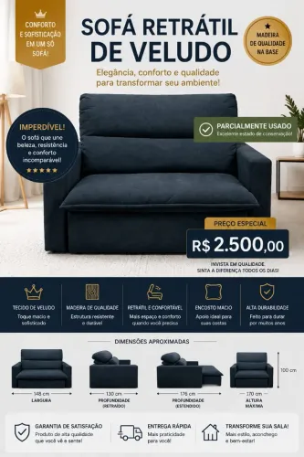 Sofá Retrátil de Veludo Premium ? Semi Novo | R$2.500