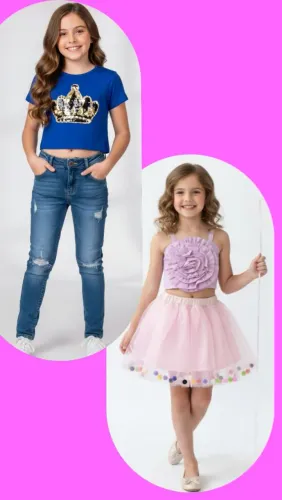 Cjto saia tule crooped flor e cjto calca crooped paetês tam 7 /8anos 