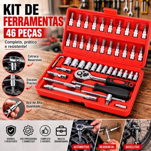 Kit Jogo de Soquetes e Bits 46 Peças com Catraca