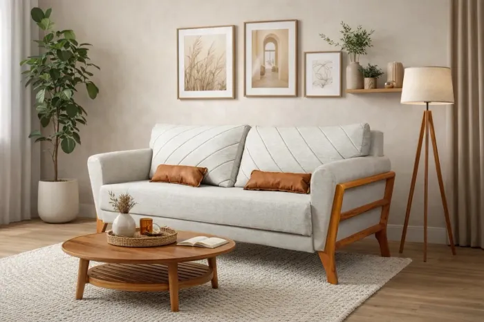 Sofá Living Linho com Detalhe em Madeira PRONTA ENTREGA