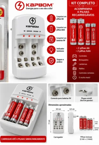 Carregador pilhas bateria ka 1368 com 4 pilhas ( AA e AAA) novo