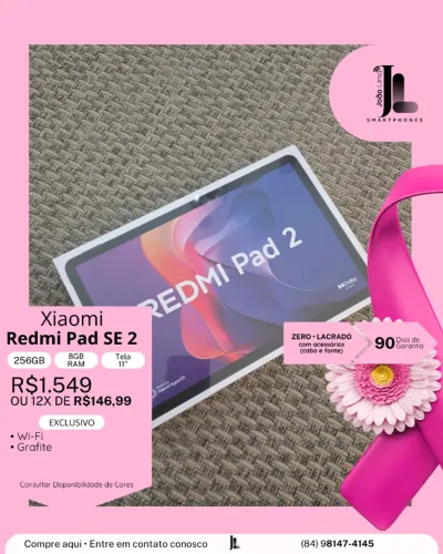 XIAOMI REDMI PAD SE 2ª, 256GB, 8GB RAM, TELA 11 POL., LACRADO, EXCLUSIVO!