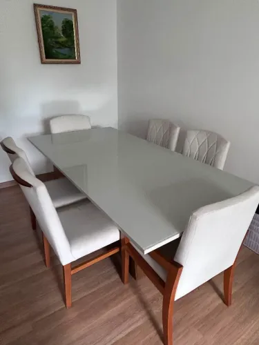 Mesa de 6 lugares Tampo Vidro Off-White Branco