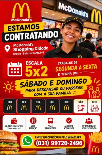Vaga de Atendente - McDonald?s Shopping Cidade - Escala 5x2