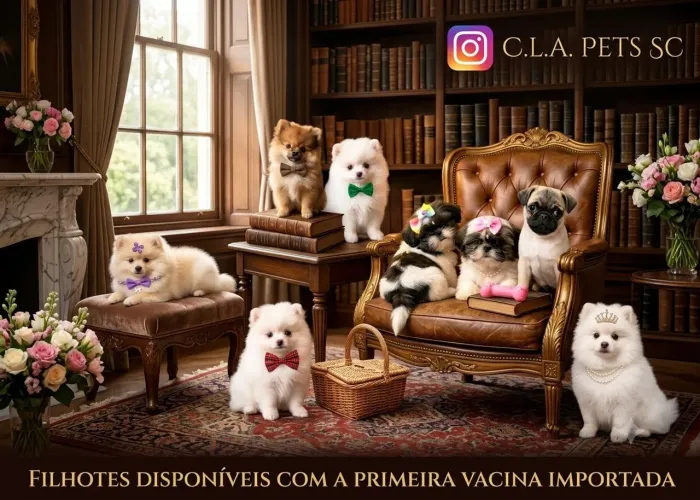 Filhotes de Pug, Shih Tzu e Lulu da Pomerânia 