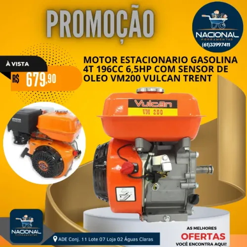Motor Estacionário 6,5HP 196cc 4T Vulcan VM200 Gasolina - Para Betoneira e Bomba