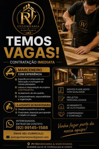 Vaga emprego Marceneiro e Ajudante marcenaria