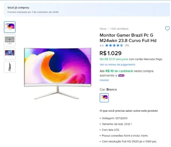 Vendo na caixa - Monitor Gamer Brazil Pc G M24wkn 23.8 Curvo Full Hd