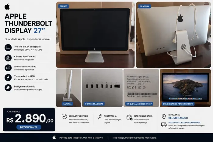 Apple Thunderbolt Display 27" - Excelente Estado<br><br>? R$ 2.890,00 (negociável)