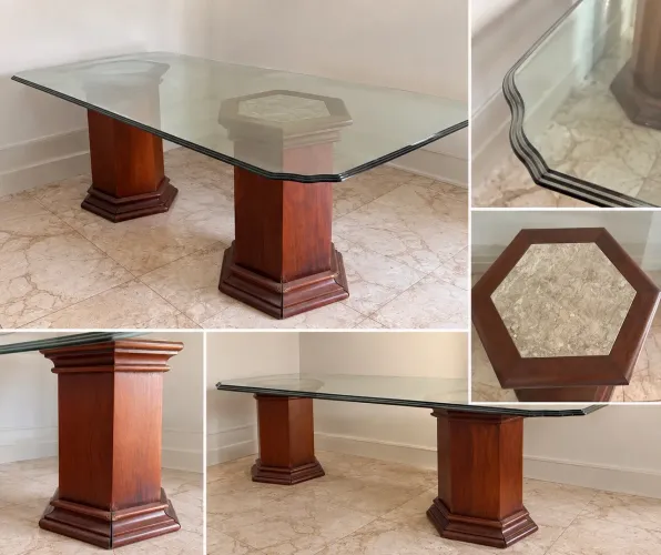 Mesa de Jantar 2,20m em Madeira Maciça com Tampo de Vidro Italino