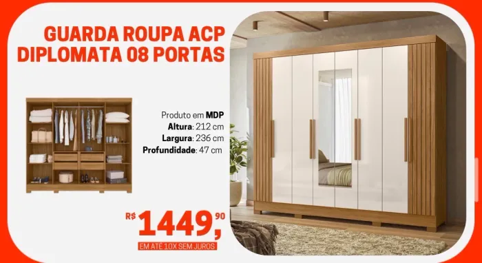 Guarda-Roupa ACP Diplomata - 08 Portas - Com Espelho - Novo!