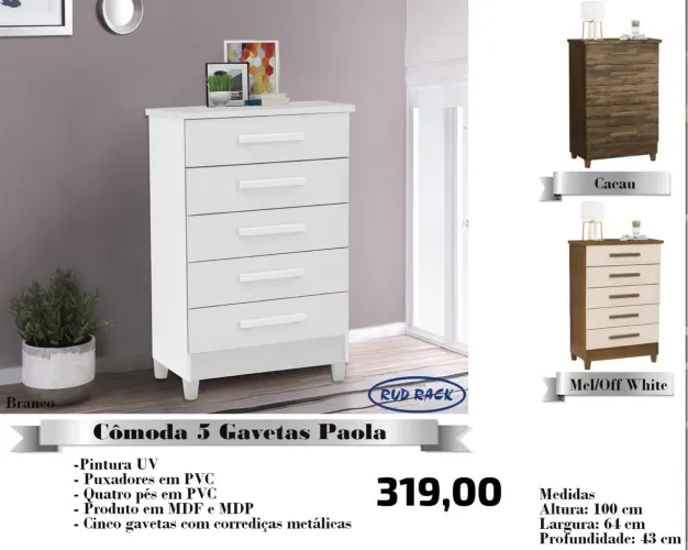 Cômoda 5 Gavetas Paola - Branco - Nova FRETE GRÁTIS