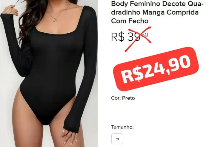 Body Feminino Decote Quadradinho Manga Comprida Com Fecho - preto - tamanho M